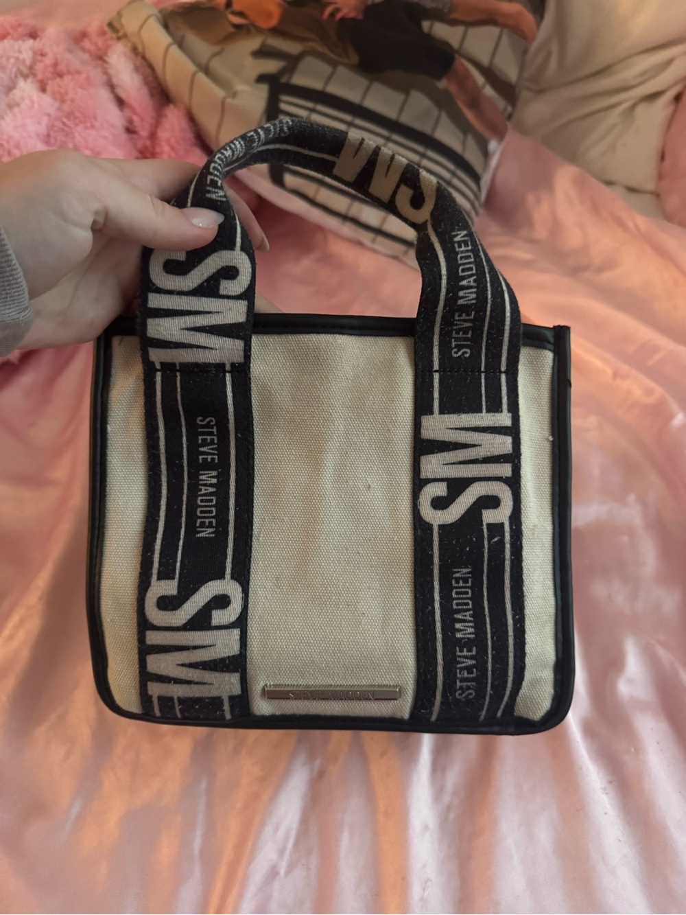 Steve Madden Cream Canvas Mini Tote with Black Logo Straps
